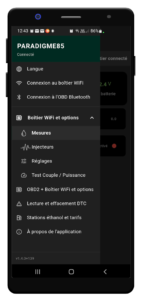 menu de l'application PARADIGME85 fonctionnant avec le Boitier éthanol WIFI