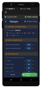 Copie d'écran de la page des réglages de l'application smartphone du kit éthanol WIFI PARADIGME85
