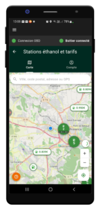 Copie d'écran de la page : Stations éthanol S85 et tarifs dans le monde, sur l'application du boitier éthanol WIFI PARADIGME85