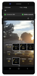 Copie d'écran smartphone affichant les données OBD2 + Boitier E85 WIFI + Activation caméra de l'application PARADIGME85
